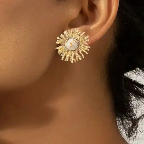 Golden Sun Flower Sun Shaped White Buffalo Turquoise Stud Earrings - Picture 2 of 5